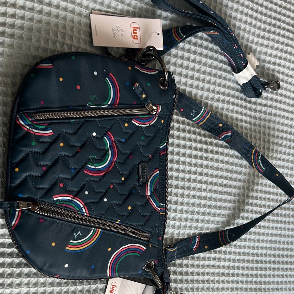 Lug Navy Crossbody Bag with Rainbow Patterns